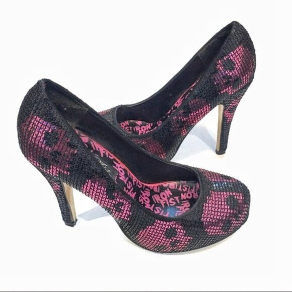 COPY  Iron Fist Digi Skull Sequin Platform Sz 6 - Picture 1 of 9